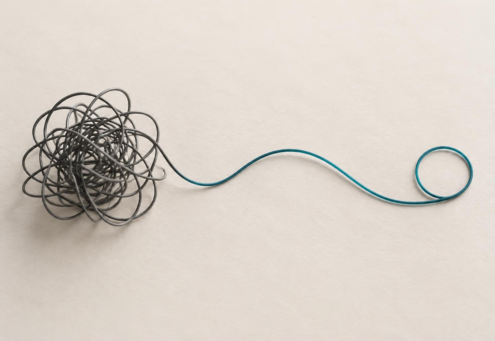 A tangle of grey wire unwinding into one clean teal line that ends in a single circle