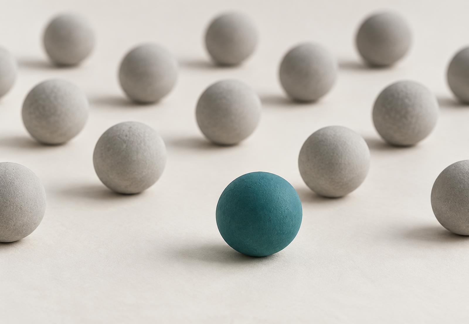 Matte grey spheres out of focus with one teal sphere sharply in focus