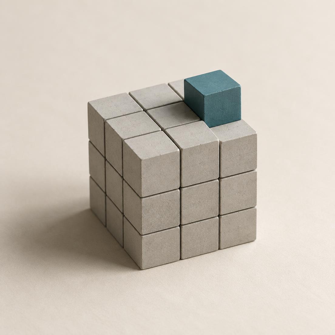 A modular grid of matte grey cubes with one teal cube realigning the structure